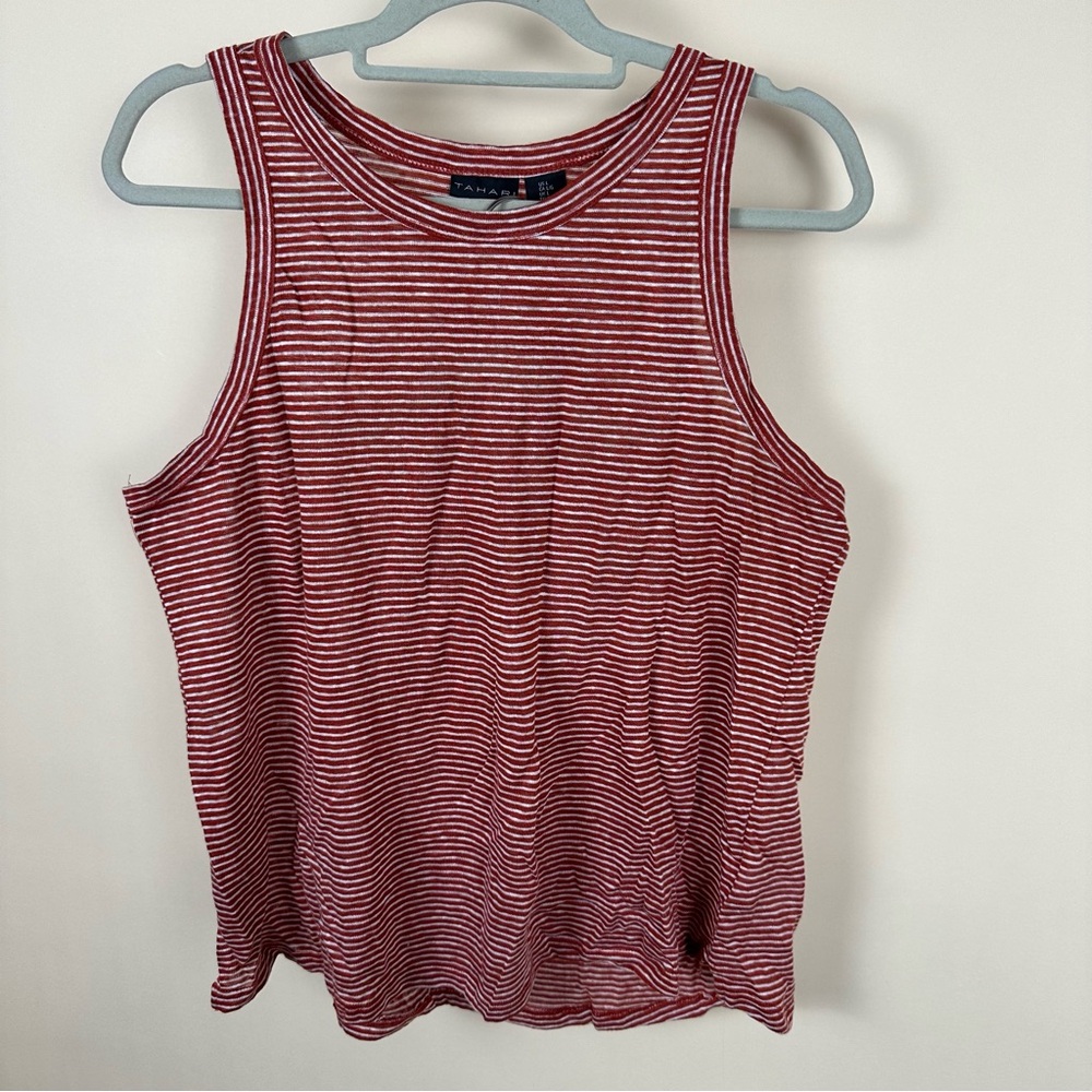 Tahari 100% Linen Tank Top - Women’s Large - red and white striped